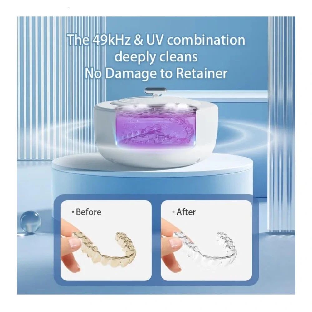 Ultrasonic Retainer Cleaner UV Light Sterilizer 49kHz Dental Jewelry 200ml White